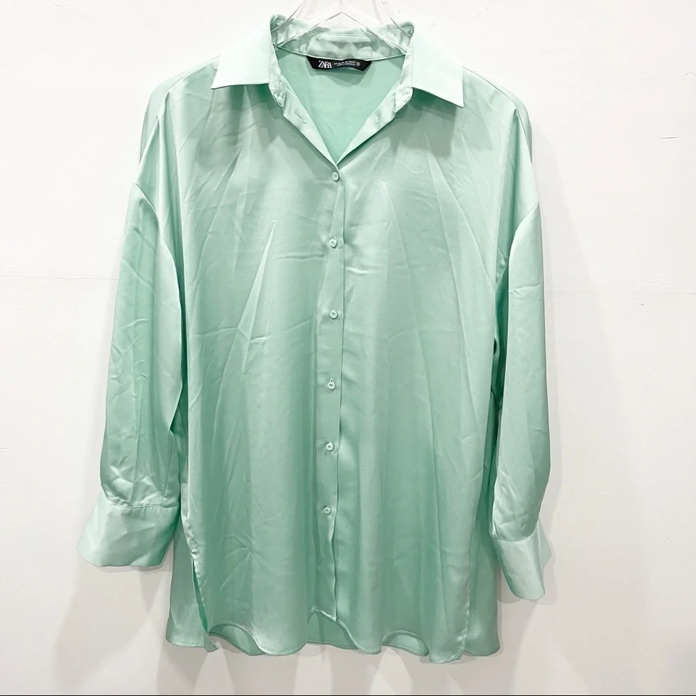Zara Satin Effect Oversized Shirt Green Button Front XS